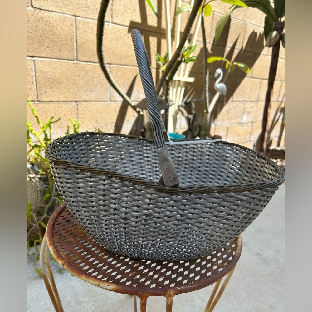 Silver Metal And Brass Woven Gathering Basket With Handle. Farmhouse Decor Vtg